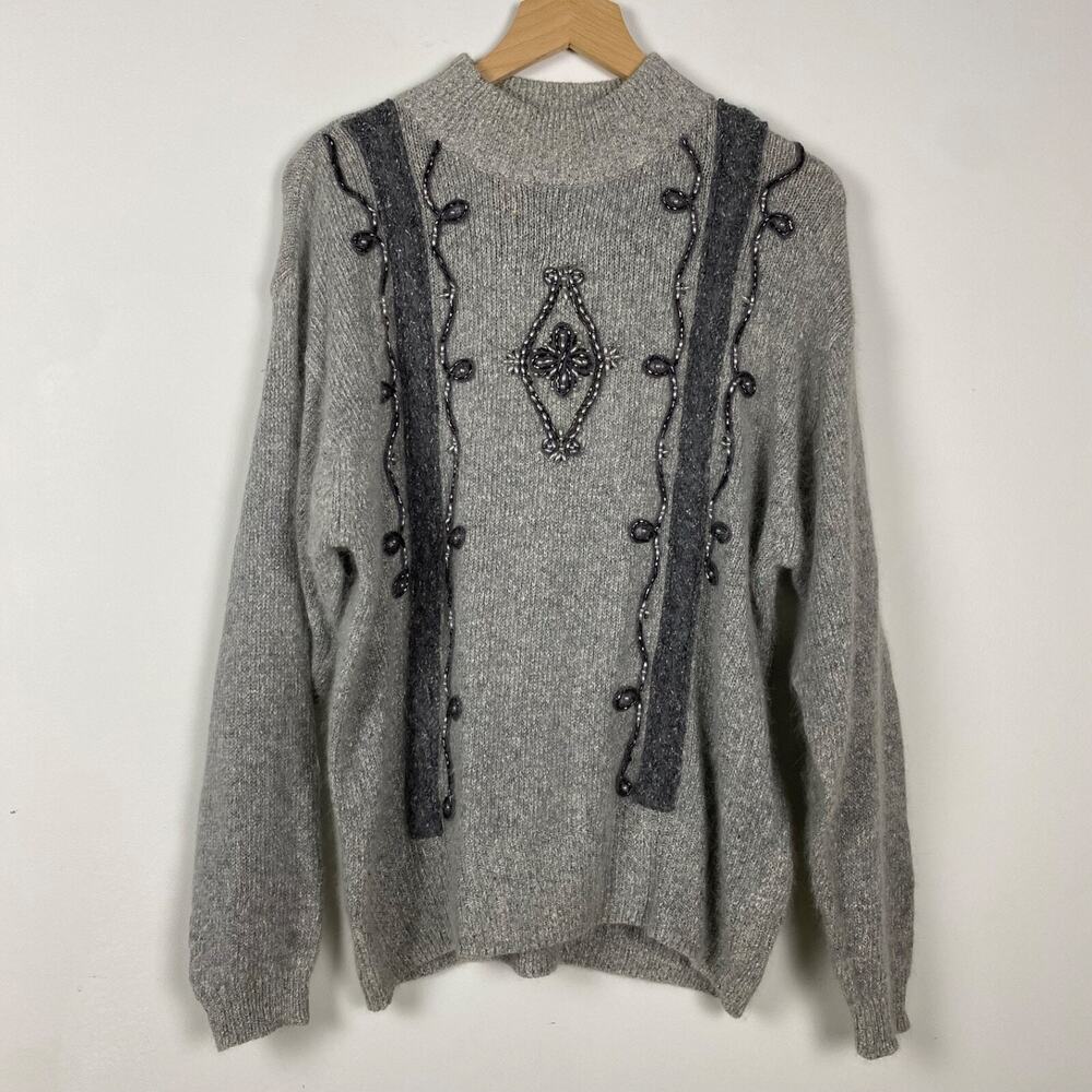 VTG Santoria Womens Beaded Sweater Size M Silk Blend Gray Ugly Christmas Glam